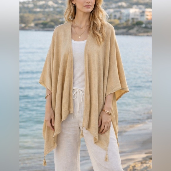 J. Jill Tops - J. Jill One Size Linen Blend Tassel Kimono Ruana Wrap Beige Tan